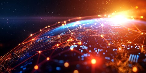 Futuristic Digital World with Connecting Lines and Dots Illustrating Global Networks and Technology Advances in Dark Background