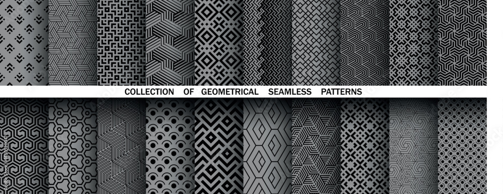 Fototapete Geometric set of seamless black and gray patterns. Simple vector graphics