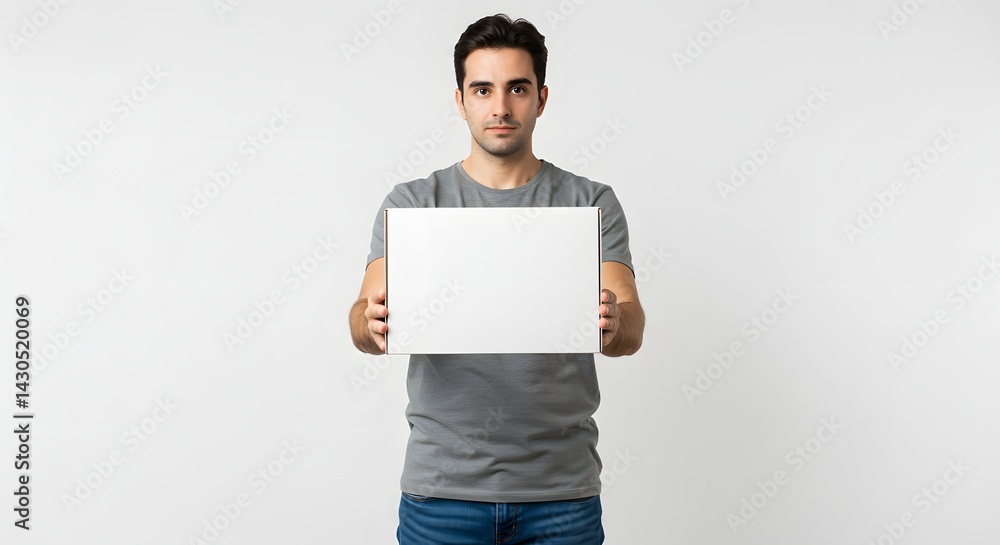 Poster man holding blank box mockup for product display or packaging design presentation on white backgroun
