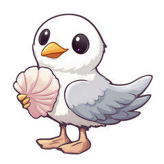 Fototapeta premium Cute cartoon bird holding a shell coastal beach illustration playful bright whimsical scene