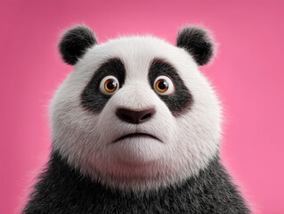 Fototapeta premium Wide-Eyed Cartoon Panda Against a Bright Pink Background