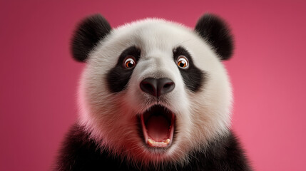 Obraz premium Surprised Panda With Open Mouth Against Pink Background