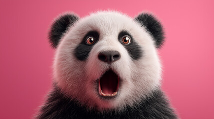 Fototapeta premium Surprised Panda With Open Mouth Against Pink Background