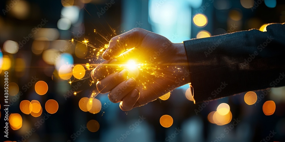 Aufkleber Professional handshake symbolizing partnership and collaboration in a modern business environment with abstract light effects and digital feel