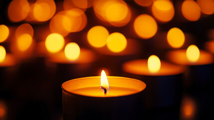 Aligned candles glow softly with a single flame illuminating the darkness around them