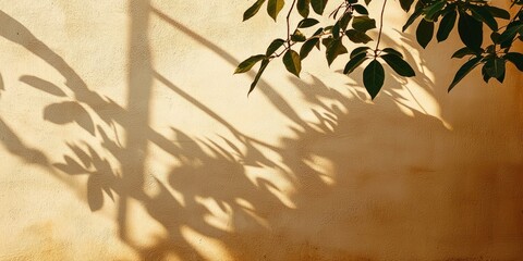 A warm beige wall with soft shadows of leaves cast by sunlight filtering through a window