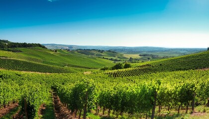 Naklejka premium A lush vineyard landscape under a clear blue sky, showcasing rows of green grapevines across rolling hills.
