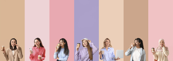 Set of many women drinking coffee on color background