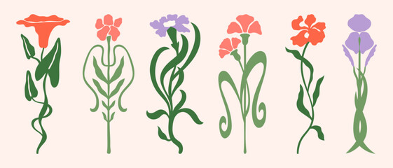 Art Nouveau style flowers vector illustrations set. Vintage elegant florals clipart