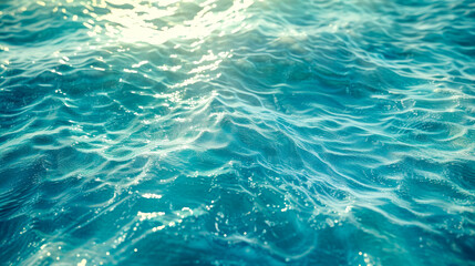 Fototapeta premium Turquoise water surface glistens under sunlight, showcasing gentle waves and ripples in a serene setting