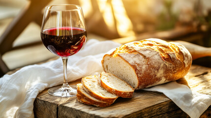 Rustic table setting with deep red wine and sliced sourdough under warm golden light
