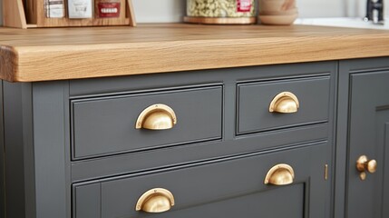 Dark gray kitchen cabinets with brass pulls and oak countertop.