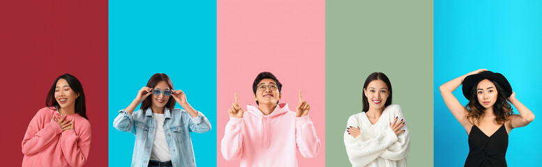 Group of young Asian people on color background