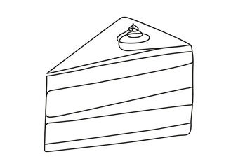 Vector line simple illustration, cake in outline style, piece of chocolate cake, print, sticker and poster design. Black one continuous line vector illustration isolated on white background.