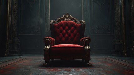 Ornate red velvet throne in dark room