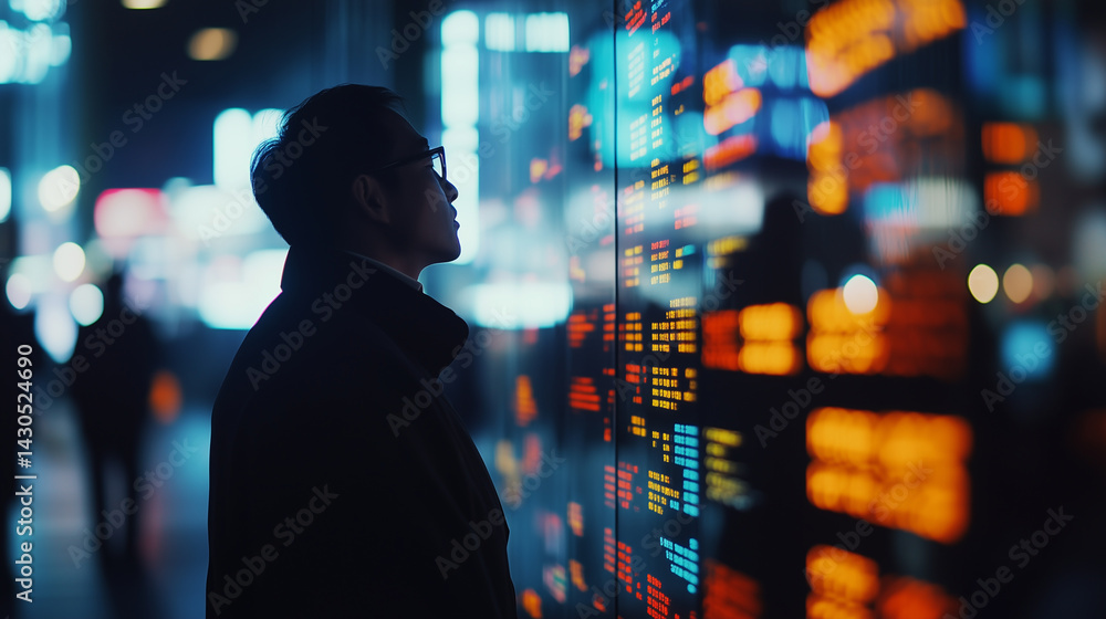 Aufkleber shadow of a stock trader observing market trends in a bustling urban setting during evening hours