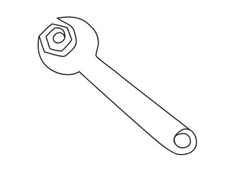 Vector line simple illustration, wrench in outline style, print, sticker and poster design. Line spanner icon. Black one continuous line vector illustration isolated on white background.