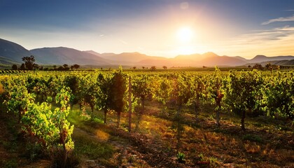 A picturesque vineyard at sunset, surrounded by mountains, showcasing rows of grapevines basking in warm light.
