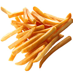 French fries on a round wooden bowl isolated on a transparent background