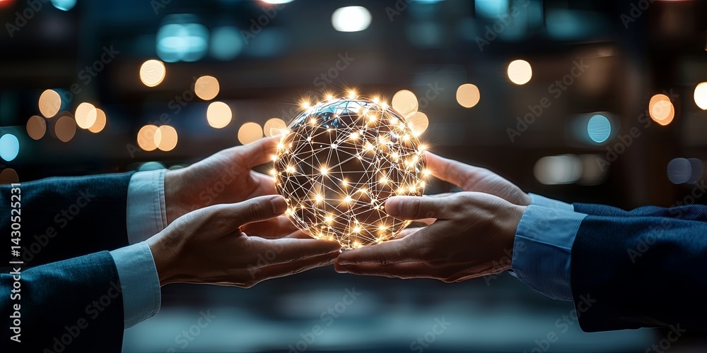 Poster Hands Holding a Luminous Globe Representing Global Connectivity with Shimmering Lights and Digital Network in Soft Focus Background