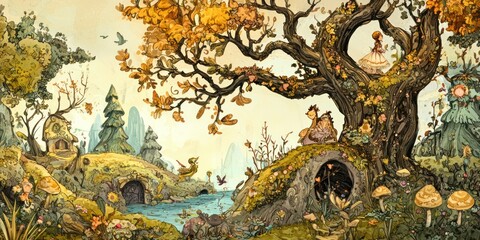 Obraz premium A whimsical scene featuring unique hand-drawn fantasy characters in a fairytale setting