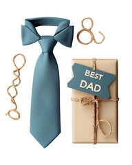Father's Day gifts with a blue tie, bowtie, and a wrapped present.