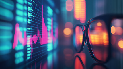 Colorful stock market dashboard displaying real time data with glasses in foreground for detailed analysis and insights