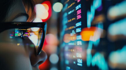 Colorful stock market dashboard displayed through glasses of an individual analyzing financial trends and data in a dynamic trading environment