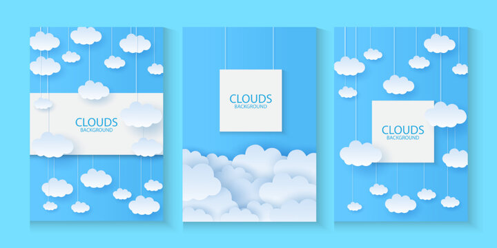 Sky background with white paper cut clouds. Border of clouds. Paper cut. Simple cartoon design. Banner, poster, flyer template for ads promo, cover, cosmetic products. and summer backdrop.