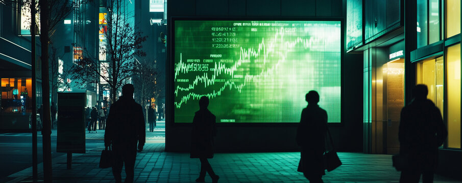 Street view of a bustling financial district at night with illuminated stock market display and silhouettes of pedestrians
