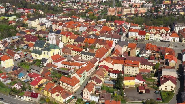 Aerial view to historic center of Stribro town. Medieval city from 12th century. It has about 8,100 inhabitants. Amazing tourist destination near Slavkovsky les. Czech Republic, Central Europe.