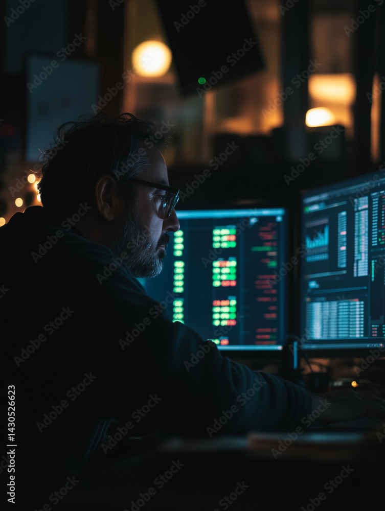 Aufkleber trader focused on multiple screens in a dimly lit room working late into the night
