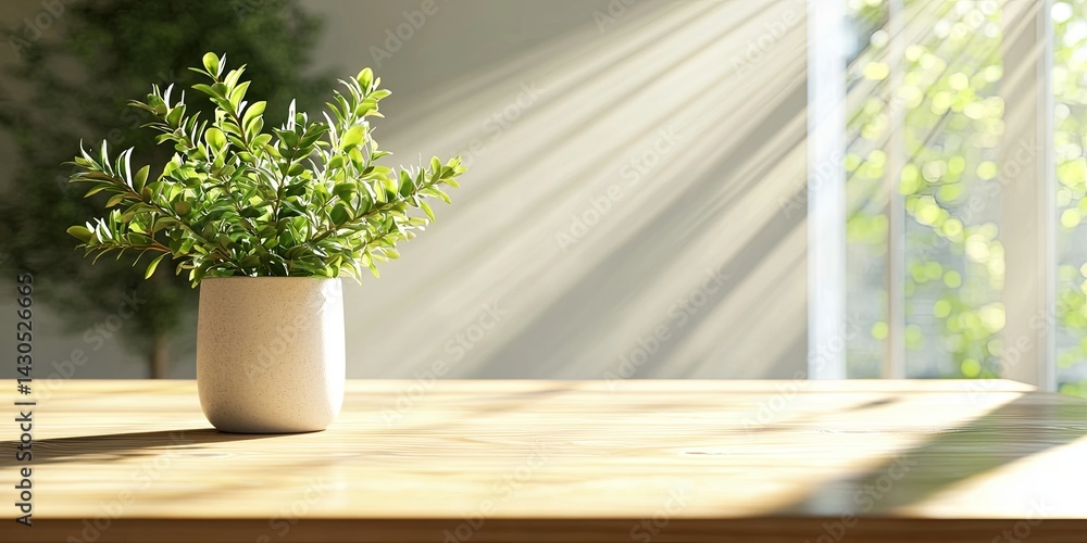 Poster sunlit indoor plant in a simple vase on a warm wooden table with gentle sun rays streaming through a