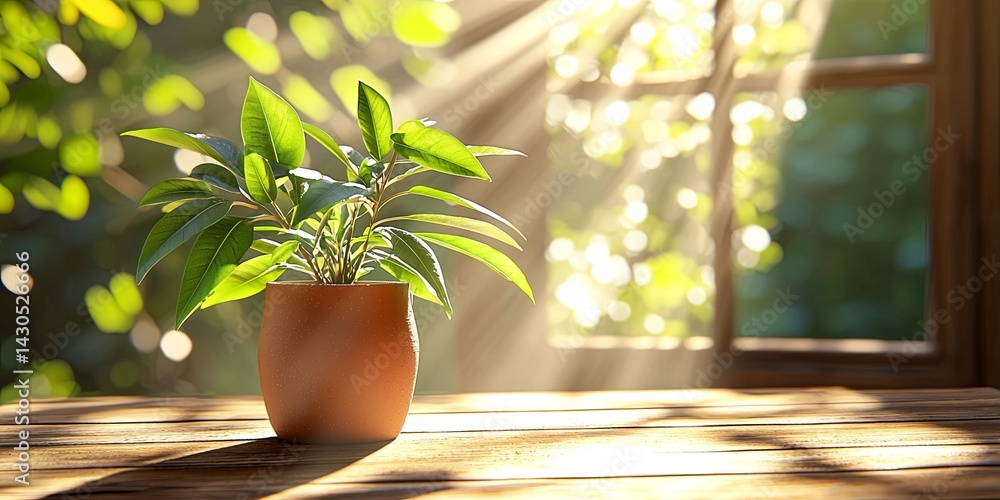Poster sunlit indoor plant in a simple vase on a warm wooden table with gentle sun rays streaming through a