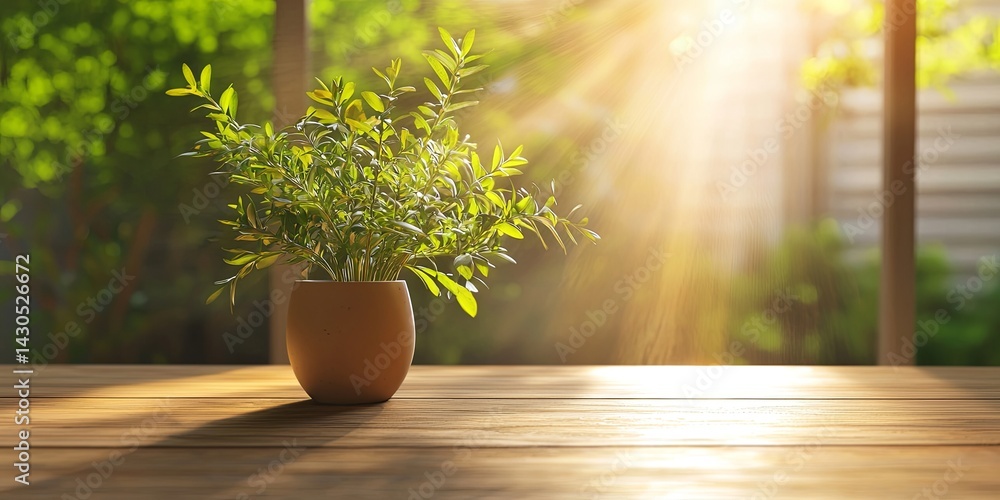 Poster sunlit indoor plant in a simple vase on a warm wooden table with gentle sun rays streaming through a