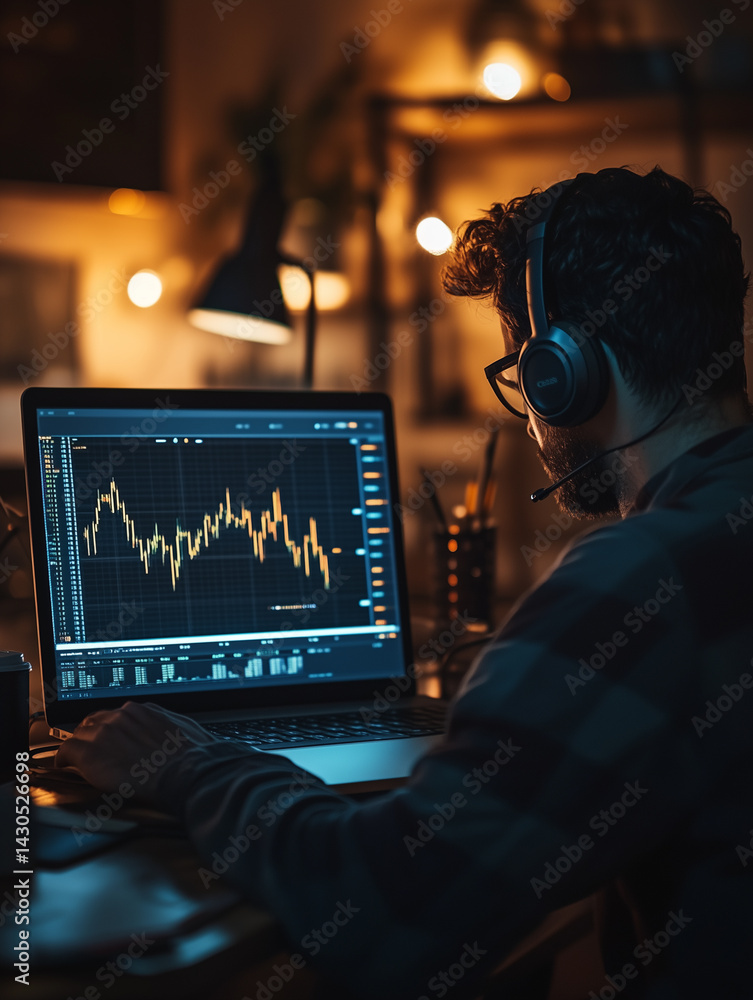 Poster trader using headphones deeply focused on market analysis during evening hours in a cozy workspace