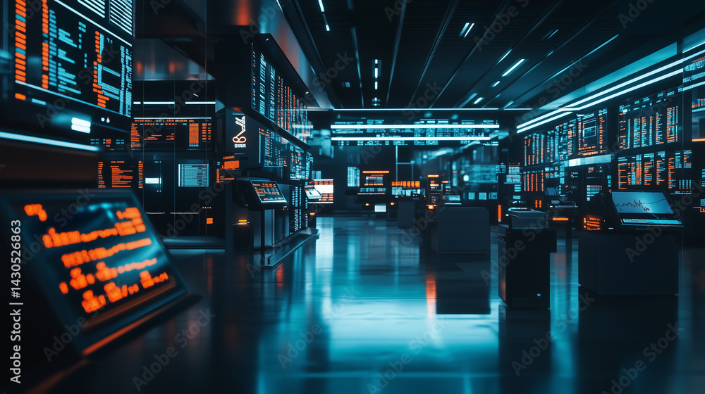Poster futuristic trading floor bustling with activity featuring advanced technology and digital displays i