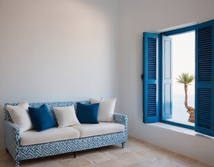 Bright and airy living space featuring a blue-patterned sofa and stunning sea view through vibrant shutters.