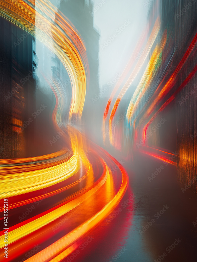 Poster dynamic abstract visualization of stock data reflecting vibrant movements in a bustling urban enviro