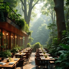 Fototapeta premium Rainforest Farm-to-Table Restaurant: A canopy-level restaurant built on stilts among towering trees, tables set with fresh herbs and produce.