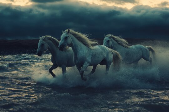 Icelandic horses galloping through water in slow motion against a dramatic sky at twilight, Icelandic horses running in slow motion close up at dawn in storm - Powered by Adobe