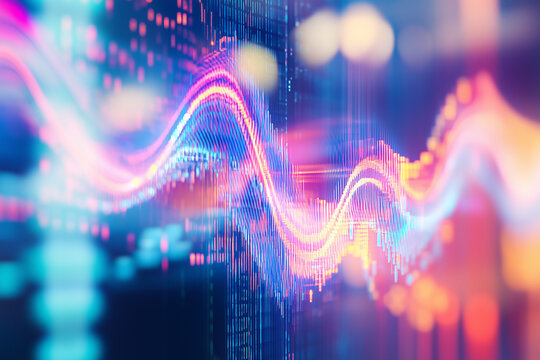 Vibrant financial algorithms code visualizing data trends through ethereal waves of color and intricate patterns