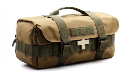 Fototapeta premium A tactical first aid kit with MOLLE attachment, ideal for military and survival scenarios, isolated on white,