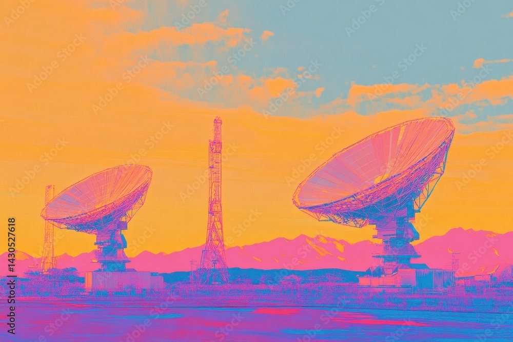 Poster radiotelescopes move in synchronization against a vibrant sky during twilight hours, radiotelescopes