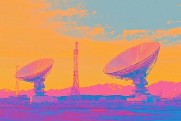Obraz premium Radiotelescopes move in synchronization against a vibrant sky during twilight hours, Radiotelescopes Moving in Sync