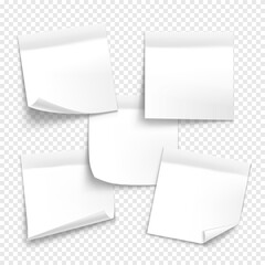 Vector white note paper isolated on transparent background. Realistic sticky note. Mockup of paper for design.