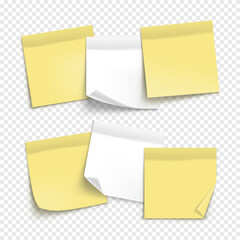Vector white and yellow note paper isolated on transparent background. Realistic sticky note. Mockup of paper for design.