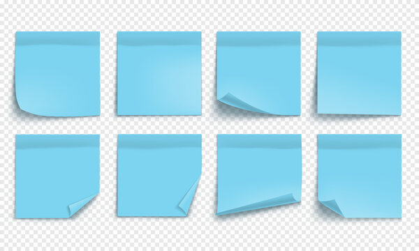 Vector blue note paper isolated on transparent background. Realistic sticky note. Mockup of blue note paper for design.