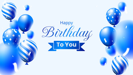 happy birthday greeting card with 3d blue balloons and confetti on white background