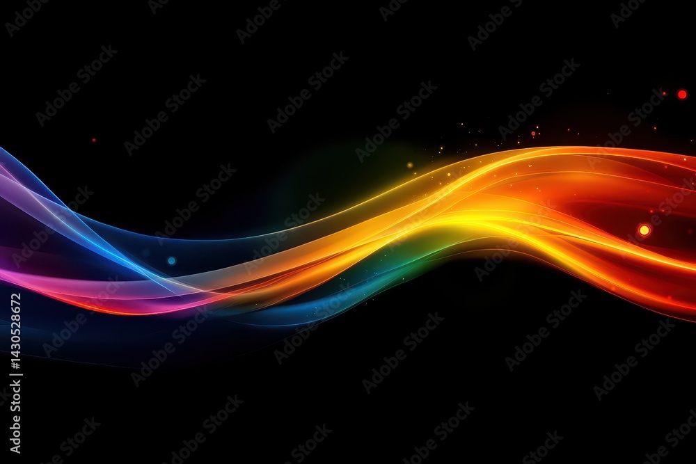 Poster Colorful abstract light leaks create a vibrant flow against a dark backdrop in a mesmerizing display of movement, Abstract light leaks on black background